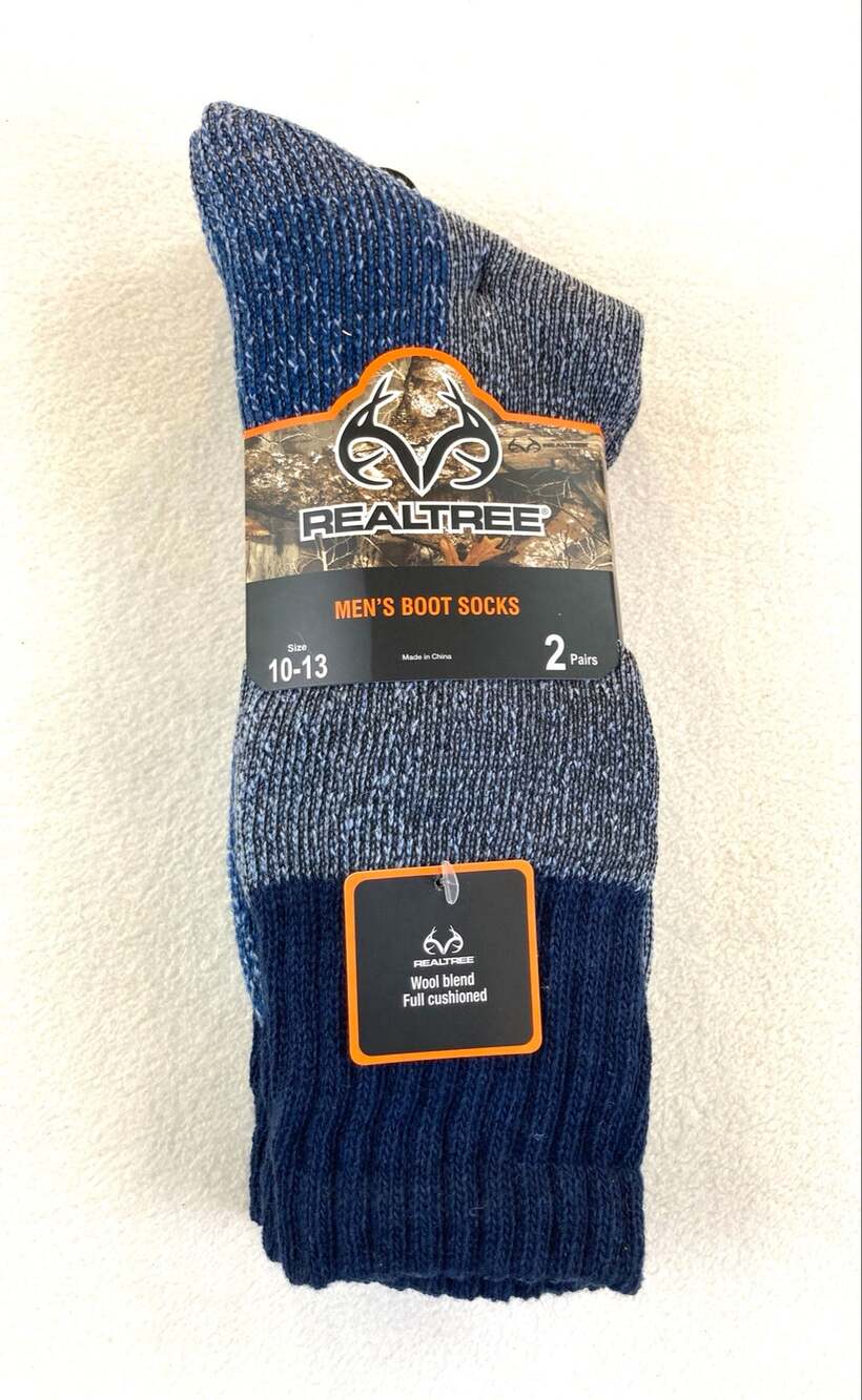 Realtree Men's Boot Socks Wool Blend 2PR/PK Blue 10-13 NWT
